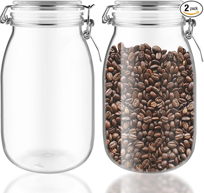 2 Pcs PET Plastic Storage Jar with Clamp Lid Empty Food Storage Container Bottle Large Refillable Canister For Nuts Sugar Coffee Candy Cookie Tea Spices And More (clear, 1650ml/55oz)