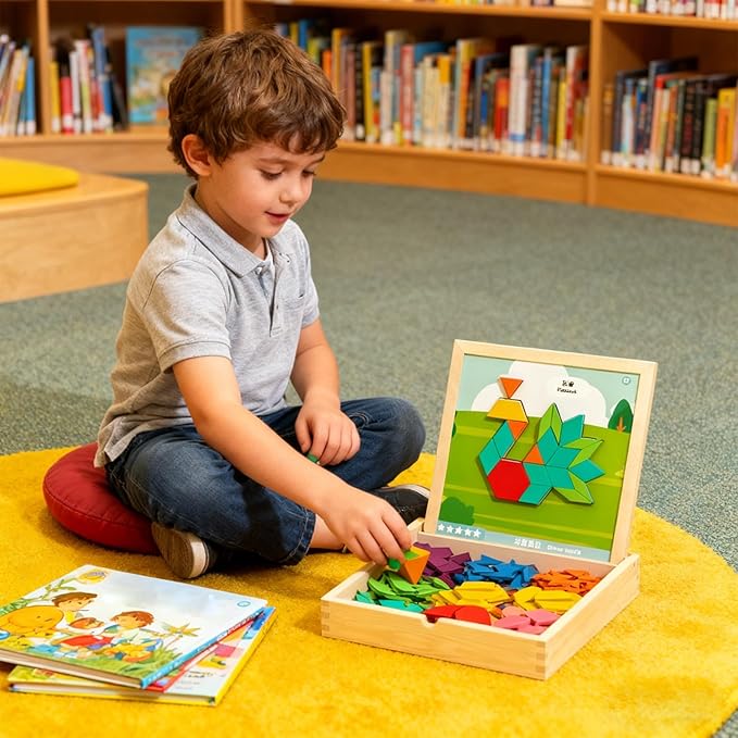 Pattern Blocks, Creative Learning Design, 22.5x22.5x3.7cm, Wooden Magnetic Educational Toys, STEM Tangram Shape Block Set, Exciting to Play, for Kids Boys Girls Home Travel Classroom