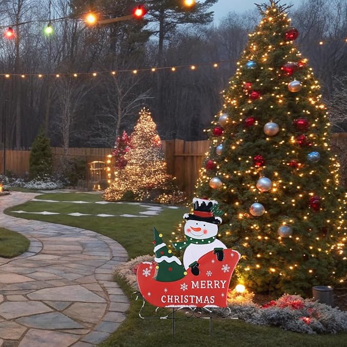 YEAHOME Outdoor Christmas Decorations, Metal Snowman with Sleigh Decorative Garden Stakes for Outdoor Yard, Merry Christmas Signs for Outside Porch Lawn Pathway Xmas Decor