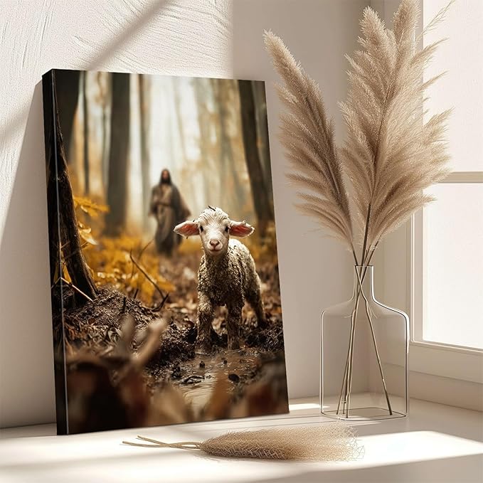 AbcCustomize Jesus Running After Lost Lamb Christian Wall Decor, Religious Wall Decor for Home, Jesus Wall Art Canvas Prints Ready to Hang, Inspirational Christian Art for Prayer Room, Baptism Gift