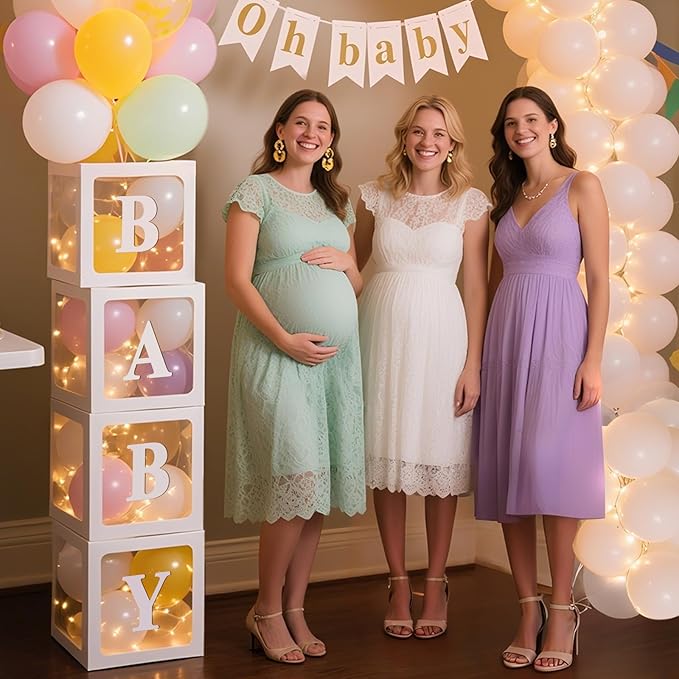 Ledido Baby Boxes with Letters for Baby Shower Decorations, 4 pcs Clear Baby Balloon Boxes Blocks Decor with LED Fairy String Lights for Boy Girl Gender Reveal Decorations Backdrop Party (White)