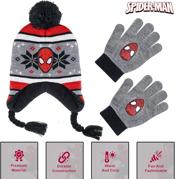 Marvel Spider-Man Kid’s Winter Hat and Snow Gloves for Boys and Toddlers, 2 Pc. Set, Pom-Pom Beanie with Warm Mittens