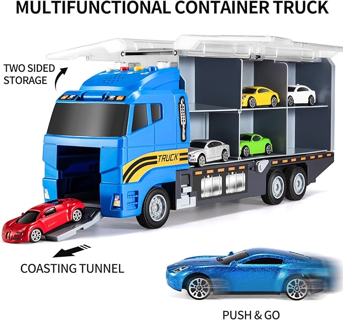 TEMI Transport Cars Carrier Set Toys w/Play Mat, Die-cast Vehicles Truck Alloy Metal Race Model Car Toys for Toddler Age 3-9 Kids Boys & Girls