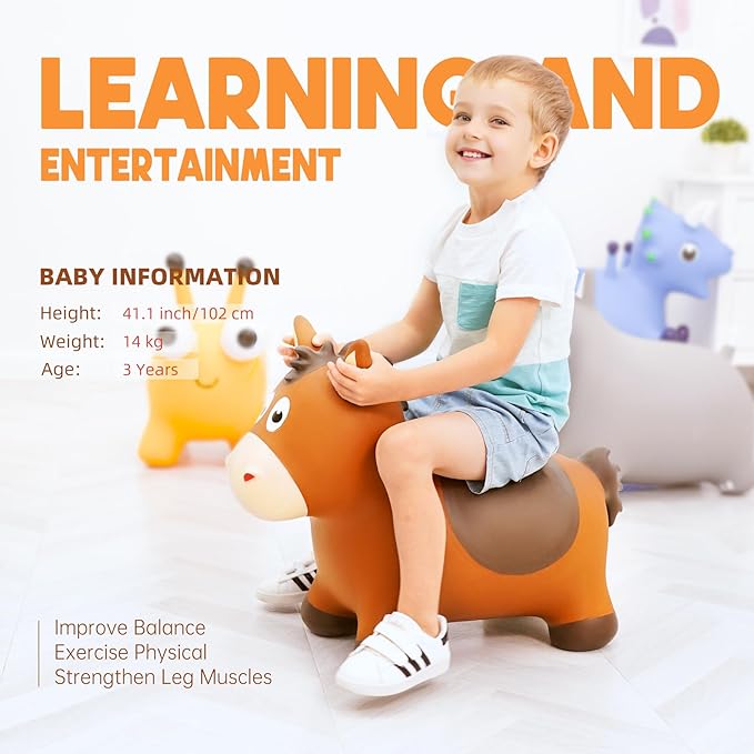 ZOOJOY Bouncy Horse Hopping Toys, Inflatable Animal Horse Toys for Toddlers 1-3, Outdoor Indoor Bounce and Ride On Bouncer for Boys Girls, Birthday Gifts for 18 Months 2 3 4 5 6 Year Old with Pump