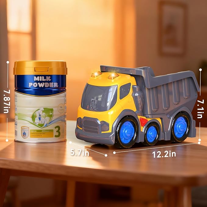 P&C 12.2" Toddler Construction Dump Truck Toys for Ages 2-4, Beach Sand Outdoor Toy Cars Dump Truck Set with Sounds and Lights for Kids 18M+, 2, 3, 4, 5, Ideal Birthday for Boys Girls