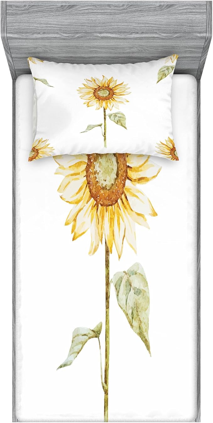 Ambesonne Sunflower Fitted Sheet & Pillow Sham Set, Sunflowers Watercolor Painting Effect and in Minimalistic Design Artwork, Decorative Printed 2 Piece Bedding Decor Set, Twinxl, Yellow Green White