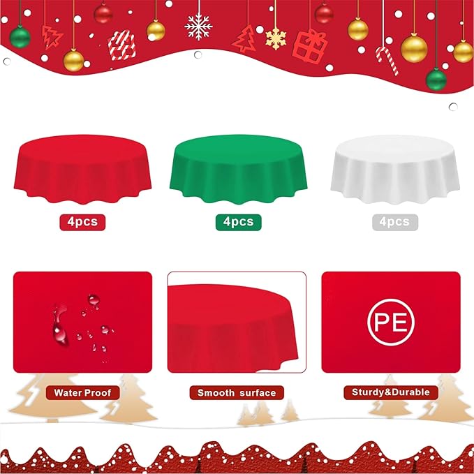 12 Pack Christmas Round Tablecloths, 84 Inch Disposable Plastic Table Covers for Xmas Party Decoration, Red White Green Waterproof Circle Table Cloth Bulk for New Year Wedding Family Gathering Banquet