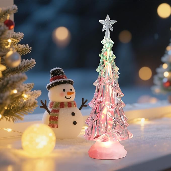 Acrylic Christmas Tree Table Decor, 14" Light up Color Changing Christmas Tree Figurine, Battery Operated Home Decorations Gift for Indoor Holiday Party Mantel Fireplace Centerpiece Decor