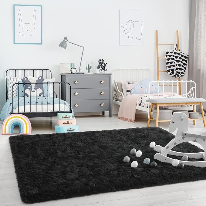 Ompaa Soft Fluffy Area Rug for Living Room Bedroom, 5x8 Black Plush Shag Rugs, Fuzzy Shaggy Accent Carpets for Kids Girls Rooms, Modern Apartment Nursery Dorm Indoor Furry Decor