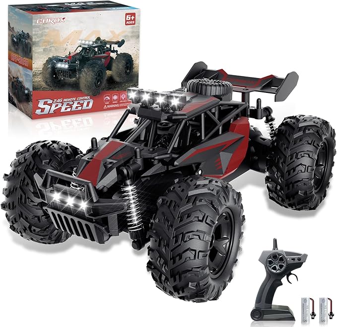 Carox Remote Control Car, 2.4GHz 25KM/H High Speed RC Car, 1:18 Off-Road Monster Truck with LED Lights and 1800mAh Rechargeable Battery – Ideal Gift for Boys 6+