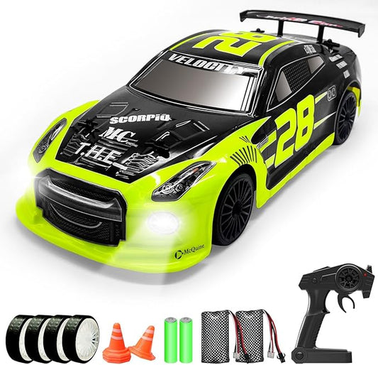 RACENT 2.4GHz 4WD 25KPH High Speed RC Drift Car with LED Lights, PVC Shell, ABS Base, Rechargeable Batteries, Toy Gift for Kids & Adults