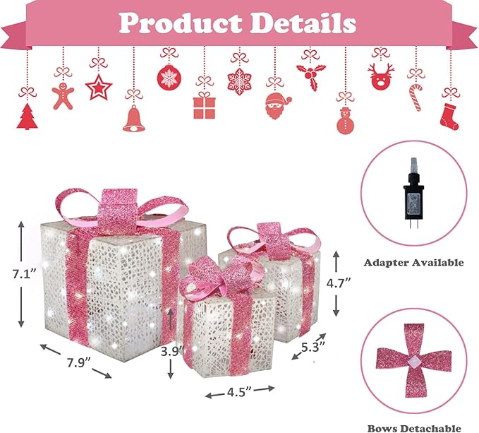 Lighted Gift Boxes Set of 3, Pink Christmas Décor Gift Boxes, Prelit 60 White Lights Present Box Lighted Display with Plug for Home Porch Outdoor Yard Valentines Day Pink Christmas Decorations