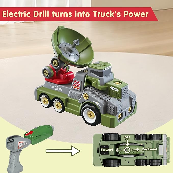 11inches Large Take Apart Trucks Army Toys for Boys Girls Kids 3-10 Year Old Radar Trucks Toys with Electric Drill Assembly Toy