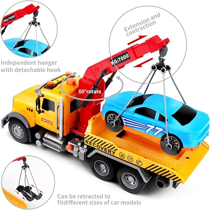 Dwi Dowellin Kids Toys for 3 4 5 6 7 Years Old Boys, 15" Large Tow Truck Toy,Friction Powered Transport Truck Crane Toy with Lights and Sounds,with Roadster,Toddlers Gifts