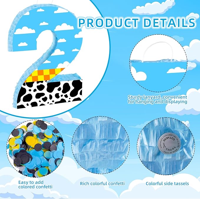 16 Inch Number 2 White Cloud Pinata with 16 Inch Piñata Stick Blindfold Confetti for Boy Girl Kids 2nd Birthday Party Decorations(2nd)