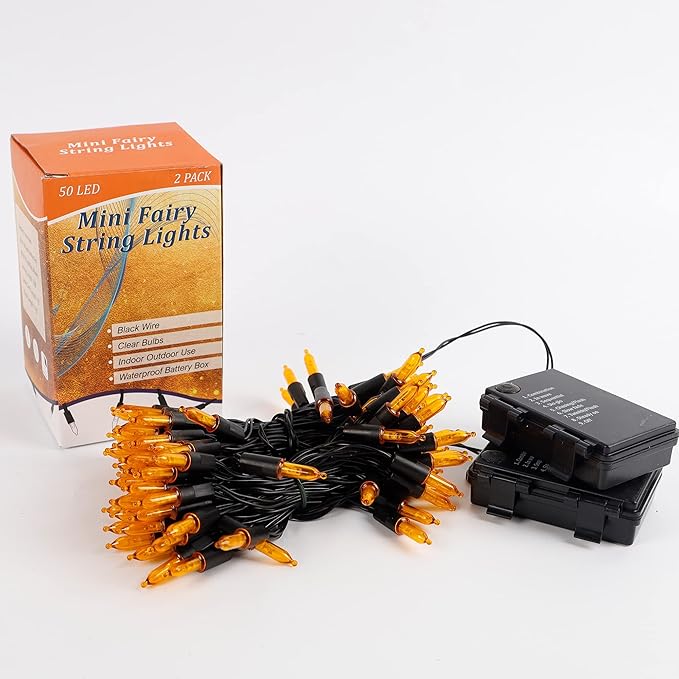 Joliyoou 16 Ft 50 LEDs Halloween Mini String Lights, 8 Lighting Modes Holiday Fairy String Lights with Timer for Indoor Outdoor Decorations, Orange, 2 Pack
