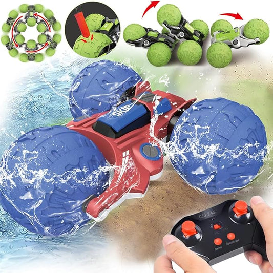 UNIQUE KIDS 1: 12 Waterproof Amphibious 360° + 360° Flip RC Car | Durable Inflatable Wheels | All-Terrain Water & Land Toy | 2.4 GHz for Kids 6-12 Years (Blue)