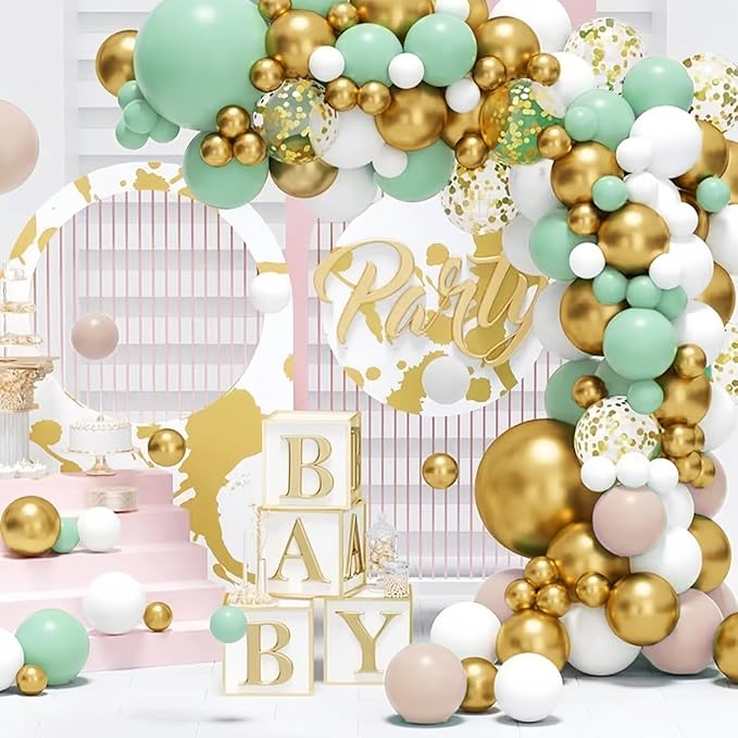 Pastel Green Pink White Gold Balloon Arch Kit, 147PCS Fog Green Light Pink White Sand Gold Metallic and Confetti Balloons Garland for Baby Shower Gender Reveal Wedding Party Decoration