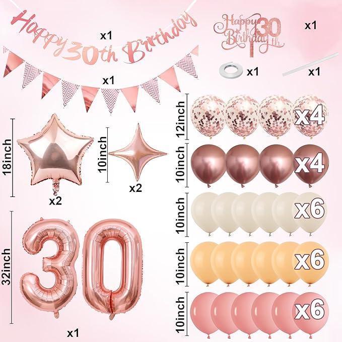 30th Birthday Decorations for Women, Retro Pink Beige Number 30 Balloon Set Happy 30th Birthday Banner Cake Topper Dusty Pink Nude Rosegold Star Balloons for Her 30 Year Old Bday Party Decor