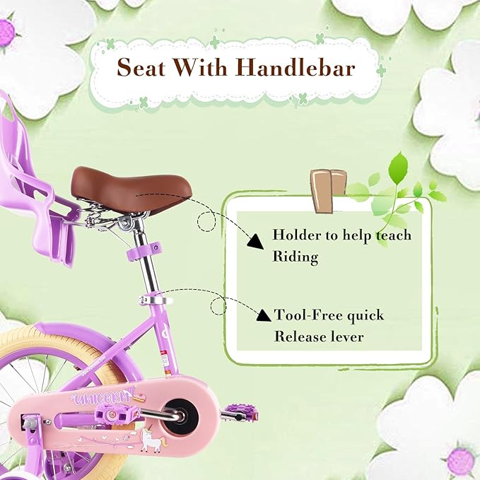 RULLY Kids Bike 12 14 16 inch for 2-7 Years Girls with Training Wheels & Front Handbrake, Kids Bicycle with Basket Bike Streamers Toddler Cycle Bikes