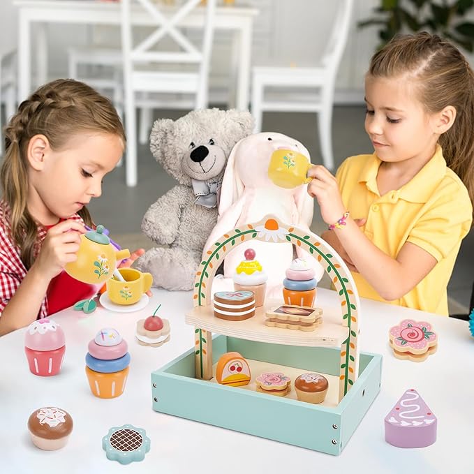 Wooden Tea Party Set for Little Girls, Tea Set Toddler Girl Toys, Pretend Play Tea Sets for Toddlers 3-5, Wooden Toys with Cupcake Stand & Play Kitchen Accessories for 3 4 5 6 Years Old Gifts