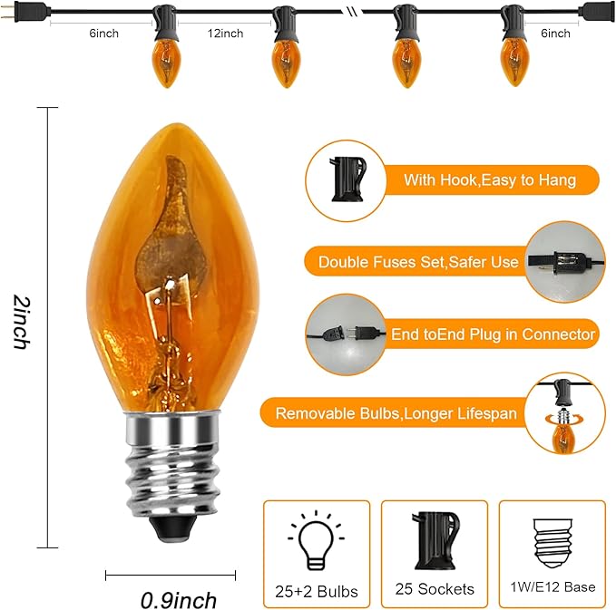 25Ft Orange Halloween Lights Outdoor, C7 Halloween Decorations Lights with 27 Orange Flicker Flame Bulbs, Vintage Christmas Flickering Light for Patio Garden Party Christmas Tree Decor-Black Wire