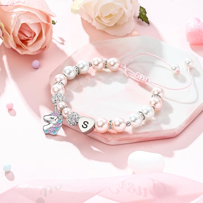 Hidepoo Christmas Gifts for Grandkids Girls - CZ Initial Unicorn Bracelet Adjustable Pink Pearl and Rhinestone Balls Heart Initial Unicorn Bracelets Jewelry Birthday Gifts for Girls Stocking Stuffers
