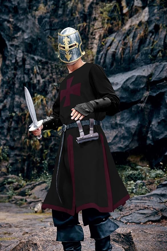 Ryannology Mens Crusader Costume Medieval Templar Renaissance Knight Warrior Tunic Retro Halloween Cosplay Top with Cross