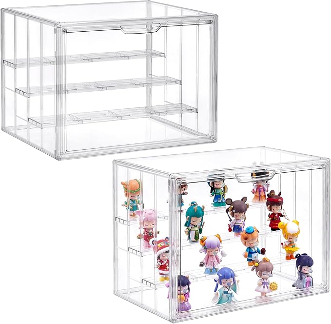 4 Tier Acrylic Display Case for Collectibles, 2 Pack Clear Adjustable Figure Display Case with Magnetic Door, Stackable Storage Box Showcase with 3 Shelves for Action Figures,Dolls,Toys, Large