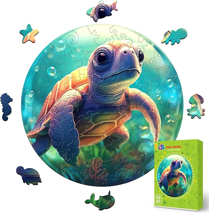 Christmas Birthday Gifts for Kids Girls Boys, Wooden Jigsaw Puzzles for Kids Ages 4-6, 50 Piece Unique Shape Animal Theme Puzzle - Preschool Learning Educational Toys for Kid (Sea Turtle)