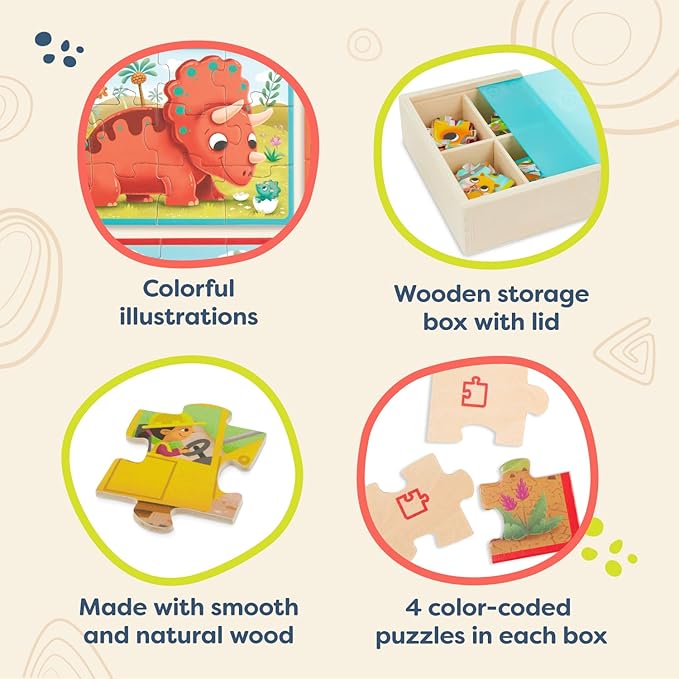 B. toys- Pack o' Puzzles 3-Pack - Pets, Dinos & Trucks- Wooden Puzzle Box Set – 3 Puzzle Boxes, 12 Puzzles – 4 Dinos, 4 Pets, 4 Trucks – 12-Piece Jigsaw Puzzles for Kids – 3 Years +