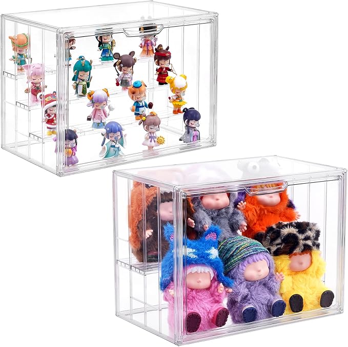 4 Tier Acrylic Display Case for Collectibles, 2 Pack Clear Adjustable Figure Display Case with Magnetic Door, Stackable Storage Box Showcase with 3 Shelves for Action Figures,Dolls,Toys, Large