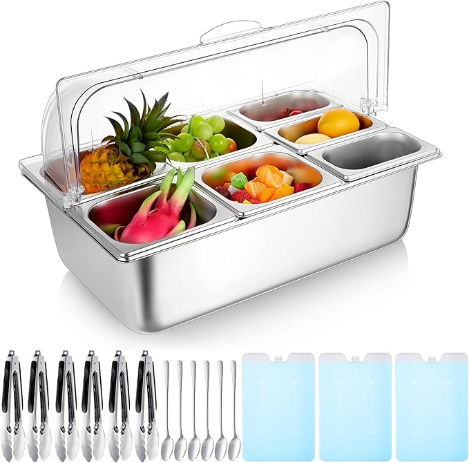 Tessco for you 16 Pcs Countertop Chilled Condiment Container Set with Lid, Stainless Steel Salad Cold Ice Food Spice Serving Display Caddy for Buffet Restaurant Kitchen Party(7 Compartments)