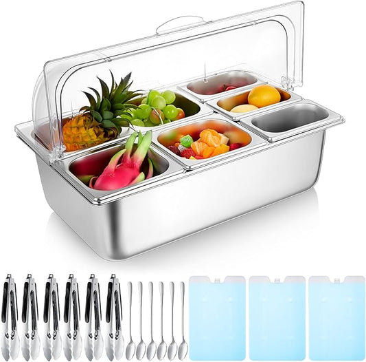 Tessco for you 16 Pcs Countertop Chilled Condiment Container Set with Lid, Stainless Steel Salad Cold Ice Food Spice Serving Display Caddy for Buffet Restaurant Kitchen Party(7 Compartments)