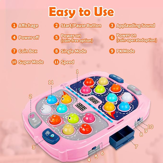 WAYKEE Whack a Mole Game, Toys for Ages 3-4 5-7 8-12 Girls Boys, Whack Game for Toddlers, Gifts for 3 4 5 6+ Year Old Girls Boys, Early Learning Educational Toys with 2 Hammers Sound & Light