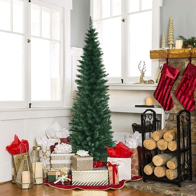 HAPPYGRILL 6FT Pencil Christmas Tree Slim Xmas Tree for Home Outdoor Decoration Unlit Artificial Christmas Tree with Foldable Metal Stand PVC Material