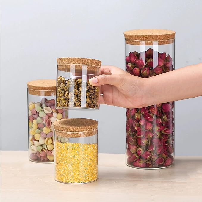Airtight Glass Storage Containers with cork Lid, for Kitchen Pantry Organization and Storage jar，Ideal for Coffee Beans Snacks Flour Cereal Sugar Tea 21oz. (Circular 4.7 * 3.3in*2pcs)