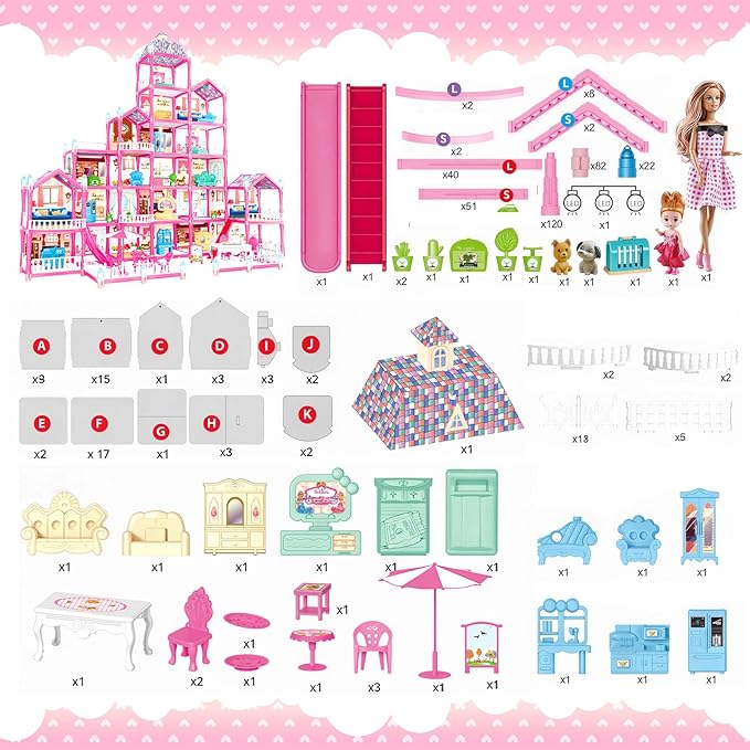 6-Story Doll House Large DIY Playhouse(35 in) for Girls, Little Girl Dream House with Furniture, Little Dog Toy, 2 Princess Figures and Slide, Creative Construction Toy