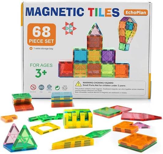 EchoPlan Magnetic Tiles,68PCS Magnetic Building Blocks,Magnet Tiles 3D Clear Building Blocks Set,STEM Sensory Educational Toys Gift for Toddlers Kids Boys 3 4 5 6 7 8 9+ Year Old