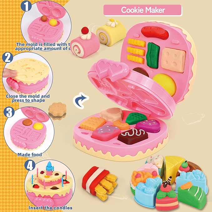 104 PCS 4 in 1 Color Dough Sets for Kids Ages 3-4-8, Dough Tools Accessories Kit, Ice Cream Playset Noodle Cookie Cake Maker, Pretend Play Kitchen Creations Food Toys Arts Crafts for Toddler Girl Boy