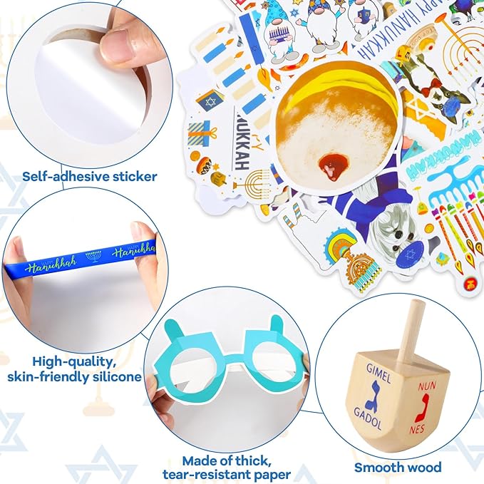 123Pcs Hanukkah Party Favors Silicone Bracelets Rubber Sets Chanukkah Wooden Gyro and Sticker Kits Hanukkah Wristbands and Paper Glasses Party Gifts for Adults Chanukkah Decorations Accessories