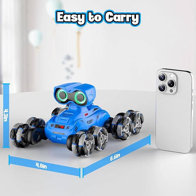 Robot Toys, 8-Wheel Stunt Remote Control Car with Auto-Demonstration, 360° Rotation, LED Eyes, Music, 2.4Ghz, All Terrain Rc Cars, Remote Control Robot for Boys 4-7 6-8 8-12