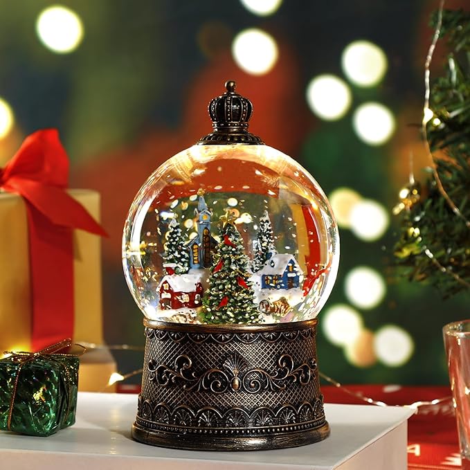 100mm Christmas Snow Globe with Music and Water Feature Christmas Lantern Decorations Snow Village with Large Christmas Tree Dual Power Supply Mode: USB and Battery Powered