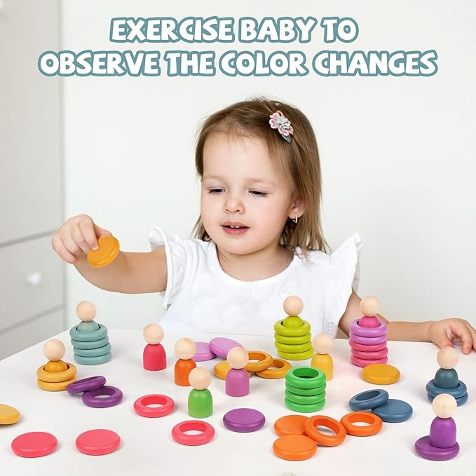 Montessori Toys Wooden Color Sorting Stacking Rings Toy Rainbow Wooden Peg Dolls Counting Toys Circular Building Blocks Stacking Game Preschool Learning Education Fine Motor Skill Toys for Toddlers