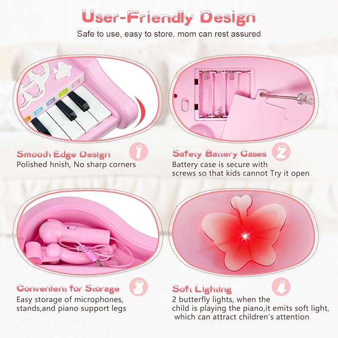 Love&Mini Pink Piano Toys for 1+Years Old Girls First Birthday Gifts Toddler Piano Music Toy Instruments with 24 Keys and Microphone