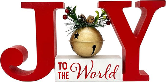 Christmas Decorations for Home Red JOY Bell Decor Farmhouse Wooden Holiday Sign Winter Rustic Vintage Block Xmas Tabletop for Kitchen Xmas Party Mantel Tiered Tray Gift Indoor Outdoor