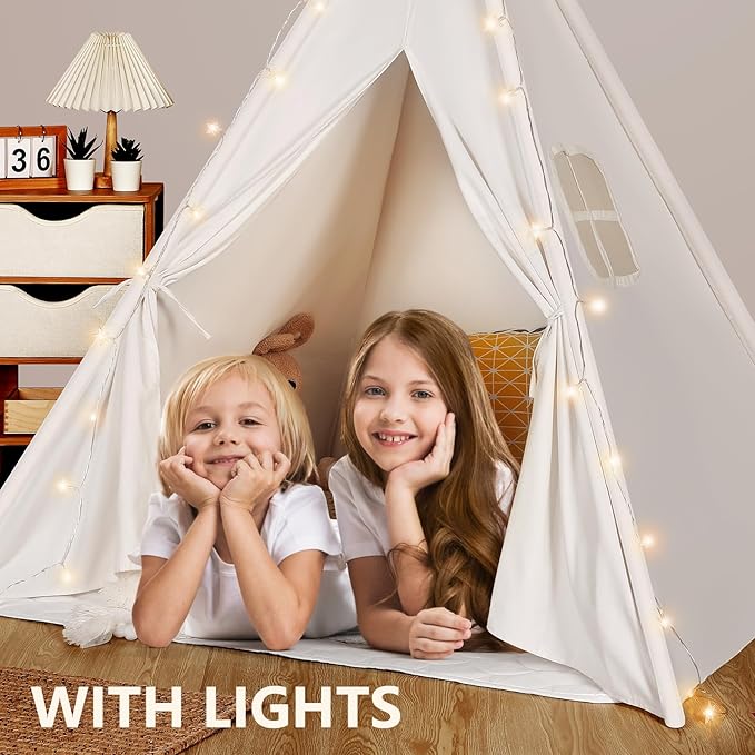 Sumbababy Teepee Tent for Kids Tent Indoor with Mat - 100% Cotton White Toddler Tee Pee Tents Play House- Collapsible Tents for Slumber Party - Washable Tipi Boho Bedroom Gift Toys for Girls & Boys