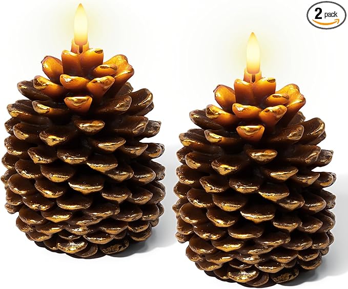 Christmas Decorations Indoor, Christmas Decor - Pinecone Candles Battery Operated, Flickering Flameless LED Pine Cone Candles, 6H Timer, Fall Thanksgiving Xmas Home Table Room Holiday Decor, Set of 2