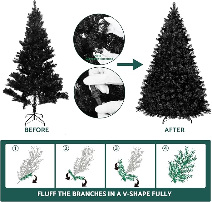 Annecy 6ft Pre-Lit Christmas Tree, Black Artificial Full Spruce Christmas Tree for Home, Office, Party Decoration w/ 970 Branch Tips, 250 Warm White & Multi-Color Lights, Metal Hinges & Base,Black 6ft