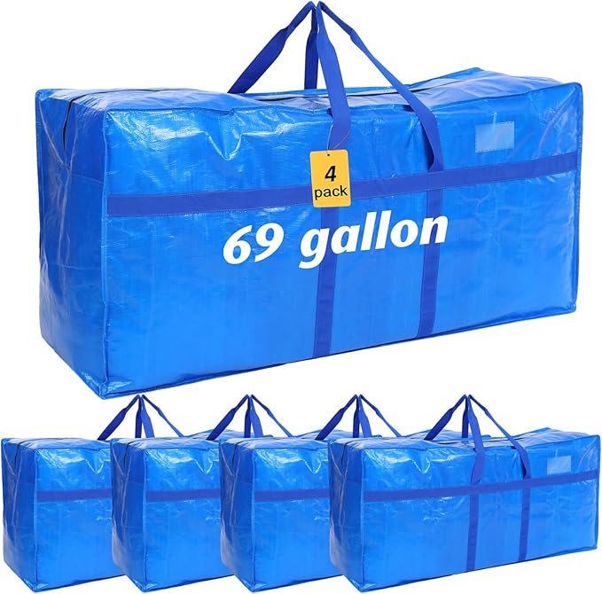 Windyun 4 Pack 69 Gallon Extra Large Storage Bags XXL Moving Bags with Zipper Handles Heavy Duty Jumbo Big Totes Box for Halloween Skeleton 4-12 Feet Christmas Tree Storage College Dorm Cloth (Blue)